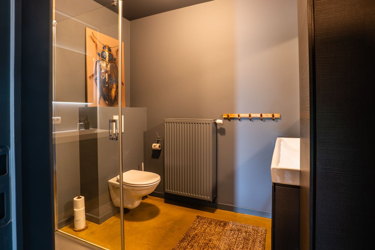 Badkamer met glazen douchewand, toilet en houten kapstok