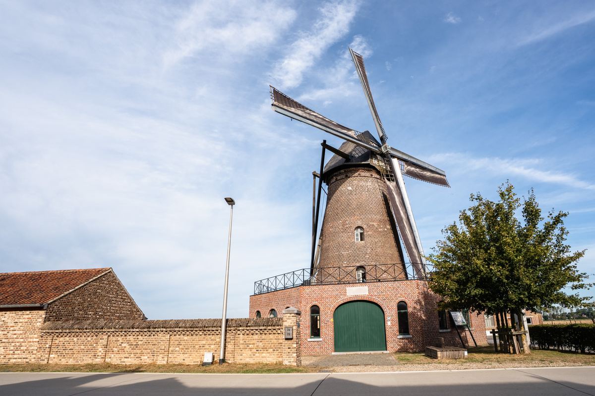 Windmolen De Hoop gezien vanaf de straat, met de groene molendeur in de bakstenen romp