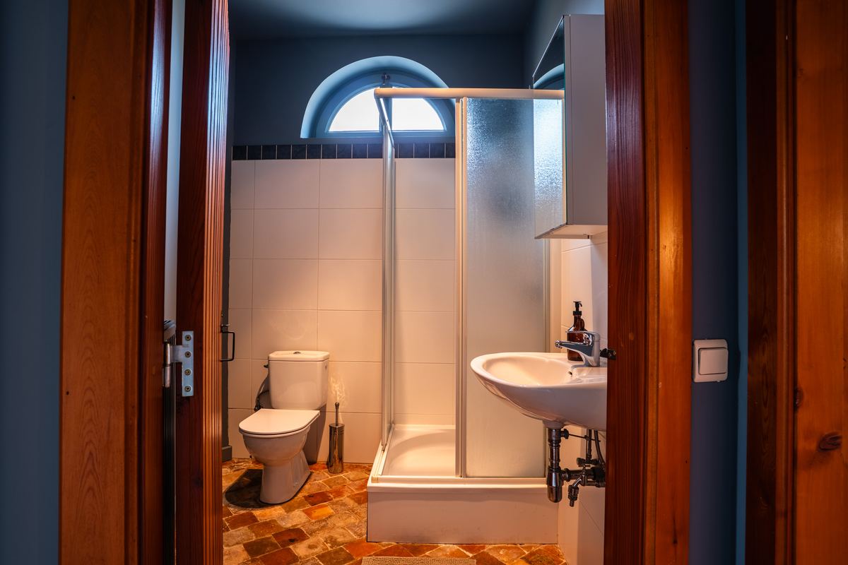 Badkamer met douchecabine en wastafel onder een boograam