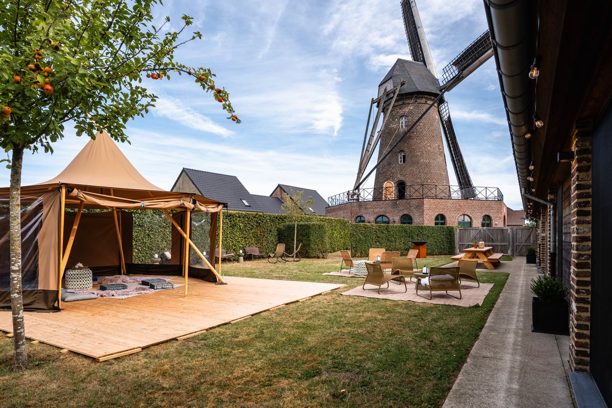 Ruime tipi op een houten vlonder in de tuin, met de molen erachter